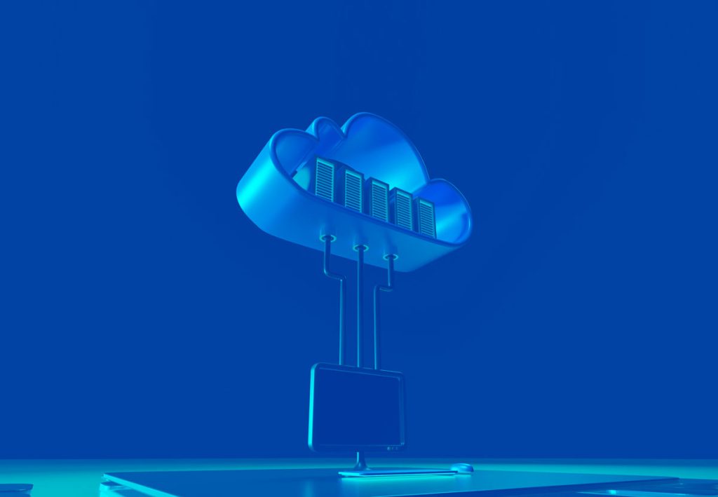 Futuristic metal cloud with servers inside