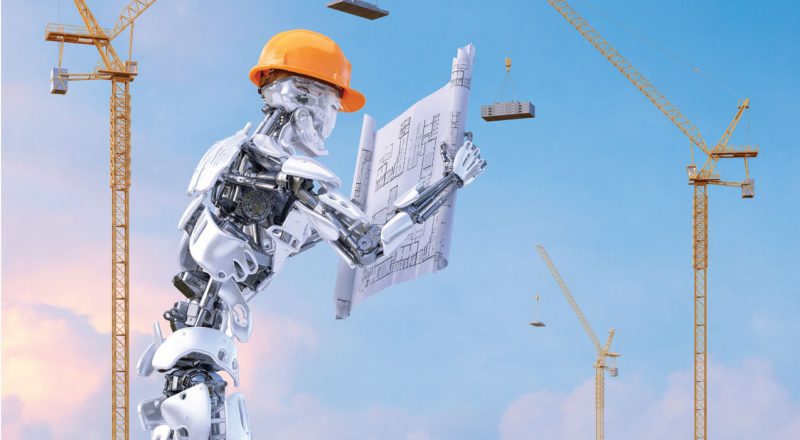 Robot holding architectural plans and wearing construction hat