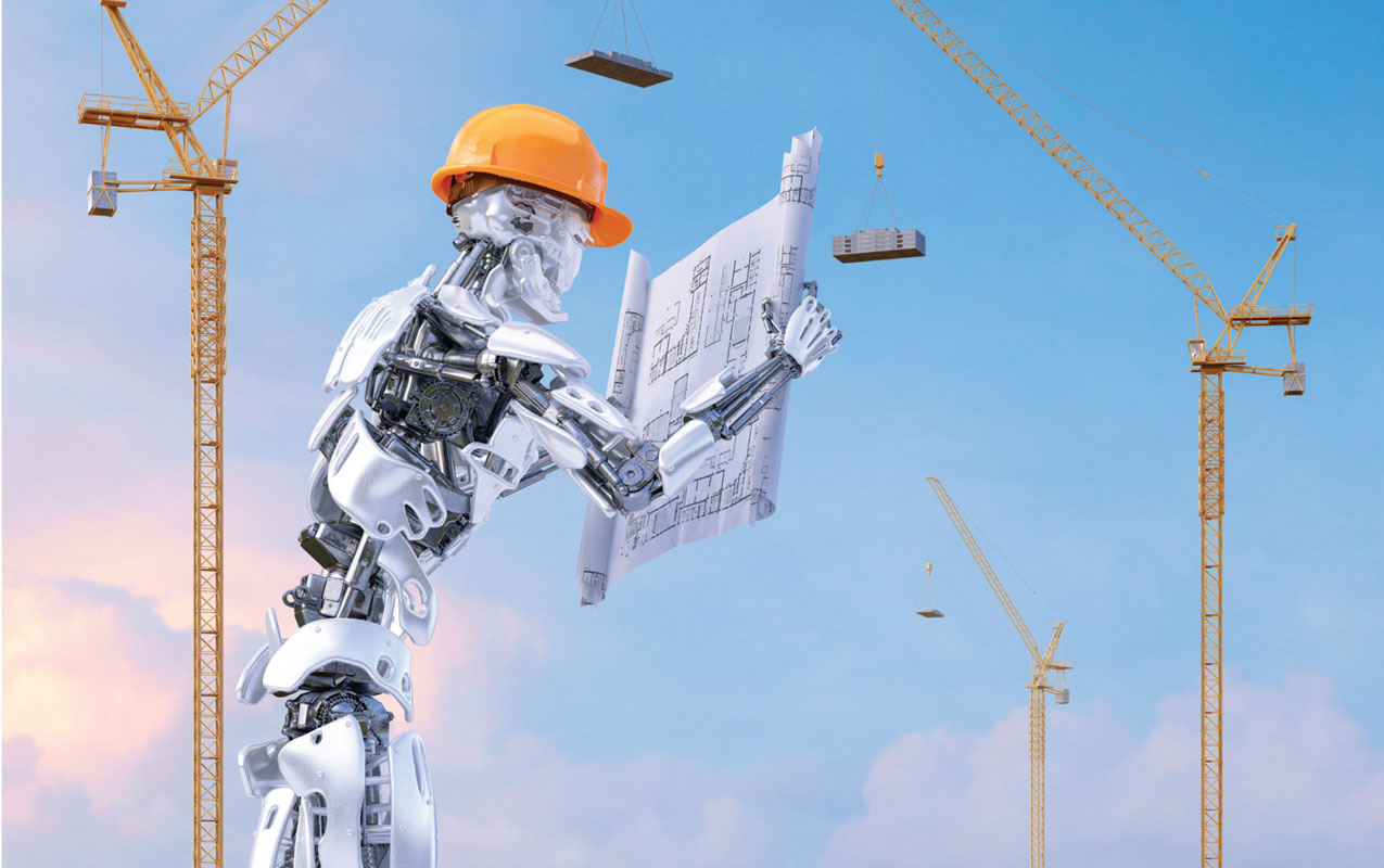 Robot holding architectural plans and wearing construction hat